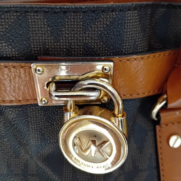 Michael Kors Hamilton Est/West Brown Logo Satchel Purse Bag - Picture 15 of 16